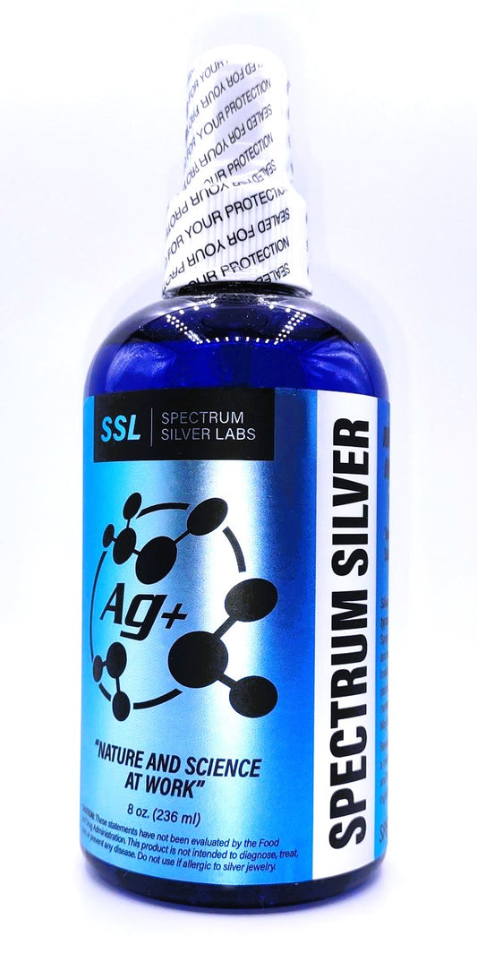 8 oz of Spectrum Silver AG+ in blue bottle, ionic nano silver
